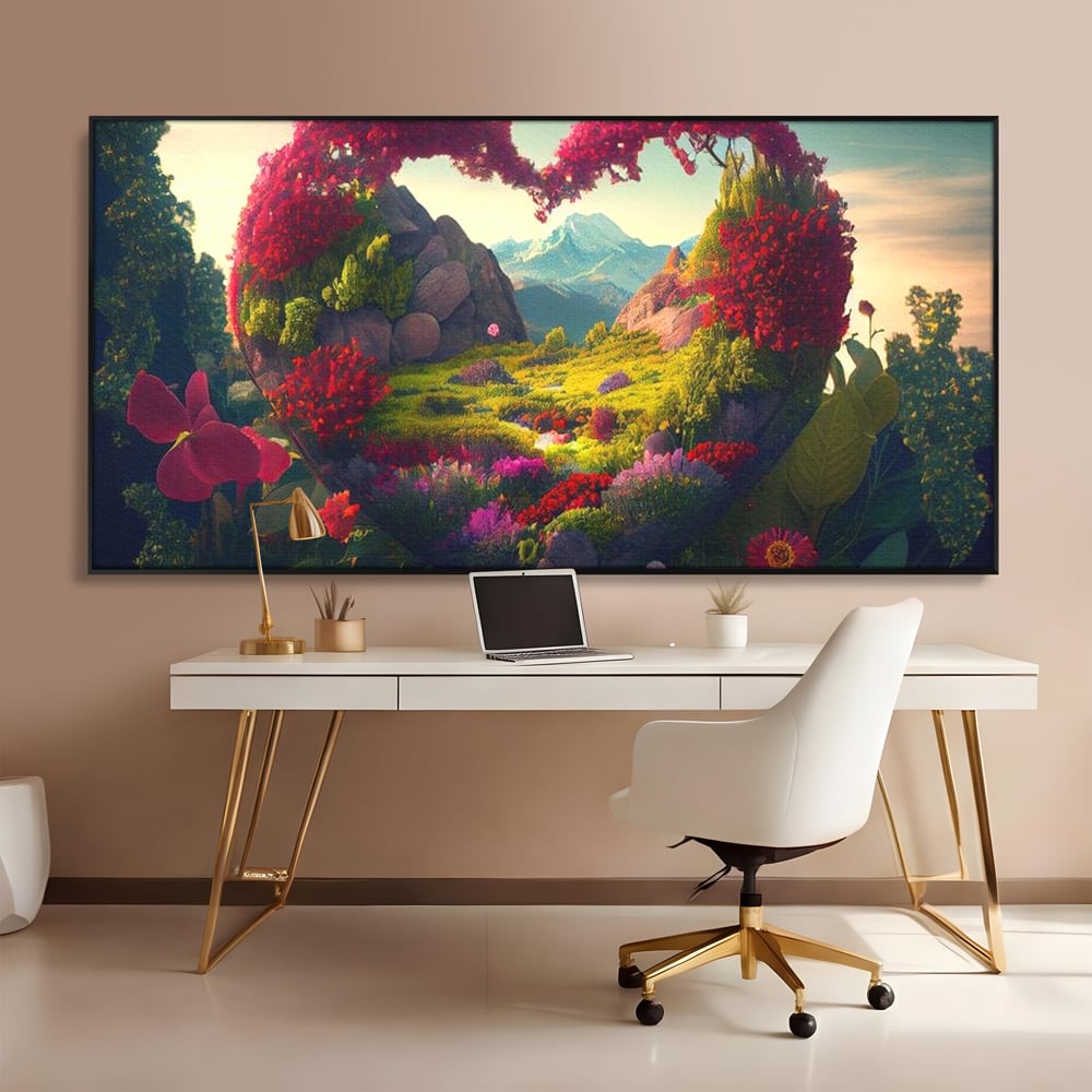 Tablou canvas cu ilustratie digitala peisaj in forma de inima, in rama de aluminiu negru, pe perete intr-un birou